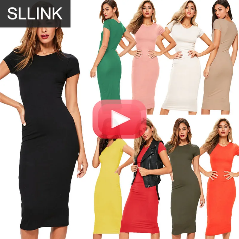 

Knitted Cotton Long Spring Dress Fashion O-Neck Short Sleeve Office Lady Summer Dress Plus Size Casual Pencil Vestido Party Robe