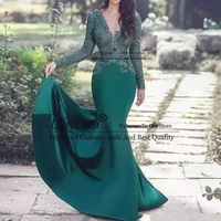 green muslim evening dresses 2020 v neck mermaid long sleeves lace islamic dubai saudi arabic elegant long formal prom dresses