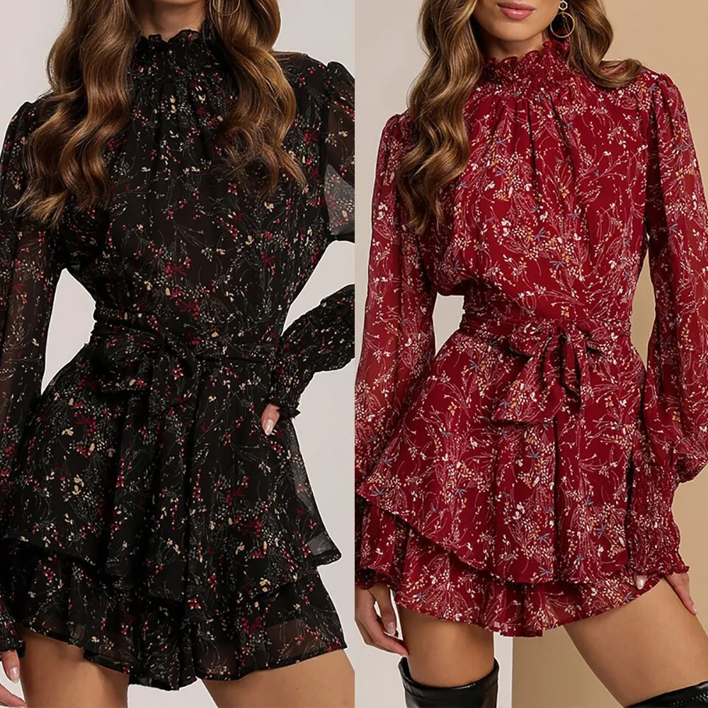 

Autumn Elegant Floral Print Dress Women Chiffon Long Sleeve Ruffle Dresses Black Red Female A Line Short Party Vestidos 2021