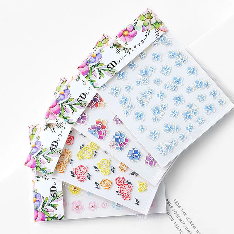 5D New Embossed Engraved Nail Stickers Women Beauty DIY Decal Butterfly Yellow Color Flower Manicure Water Decals