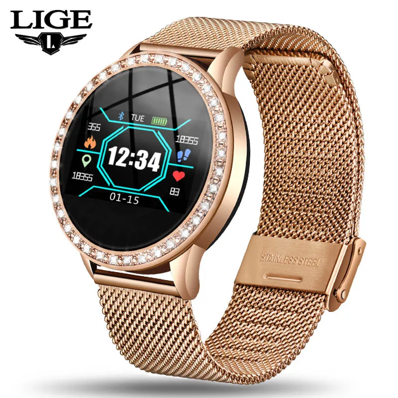 Rose gold LIGE Новые смарт-часы для женщин кровяное давление монитор сердечного ритма фитнес-трекер часы информация напоминание женские спортивные умные часы - Цвет: Rose gold