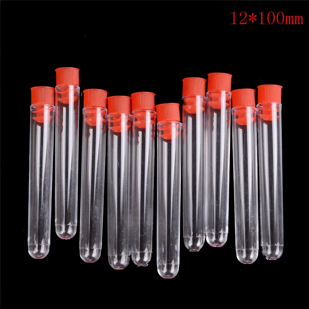 

10Pcs 12*100mm Plastic Transparent Polyethylene Laboratory Red Test Tubes With Lids Vial Sample Containers