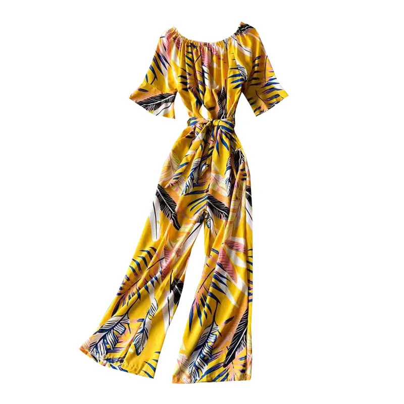 

Spring Autumn New Retro One-shoulder Off-the-shoulder Printed Jumpsuit with Waist and Thin Floral Wide-leg Pants Jumpsuit C144