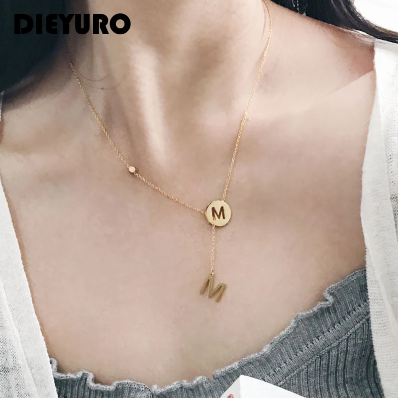 

DIEYURO 316L Stainless Steel Long Letter Chain Layered Design M Hanging Chain 2 Color Light Luxury Woman Necklace Exquisite Gift