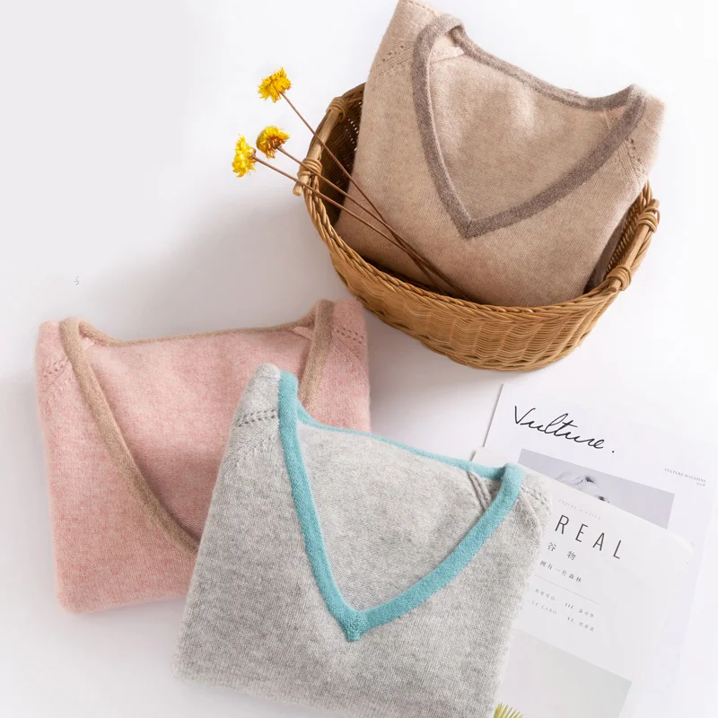 SuyaDream Women 100%Wool Sweaters 2021 Winter V Neck Loose Pullovers 2021 Fall Winter Top Pink Grey