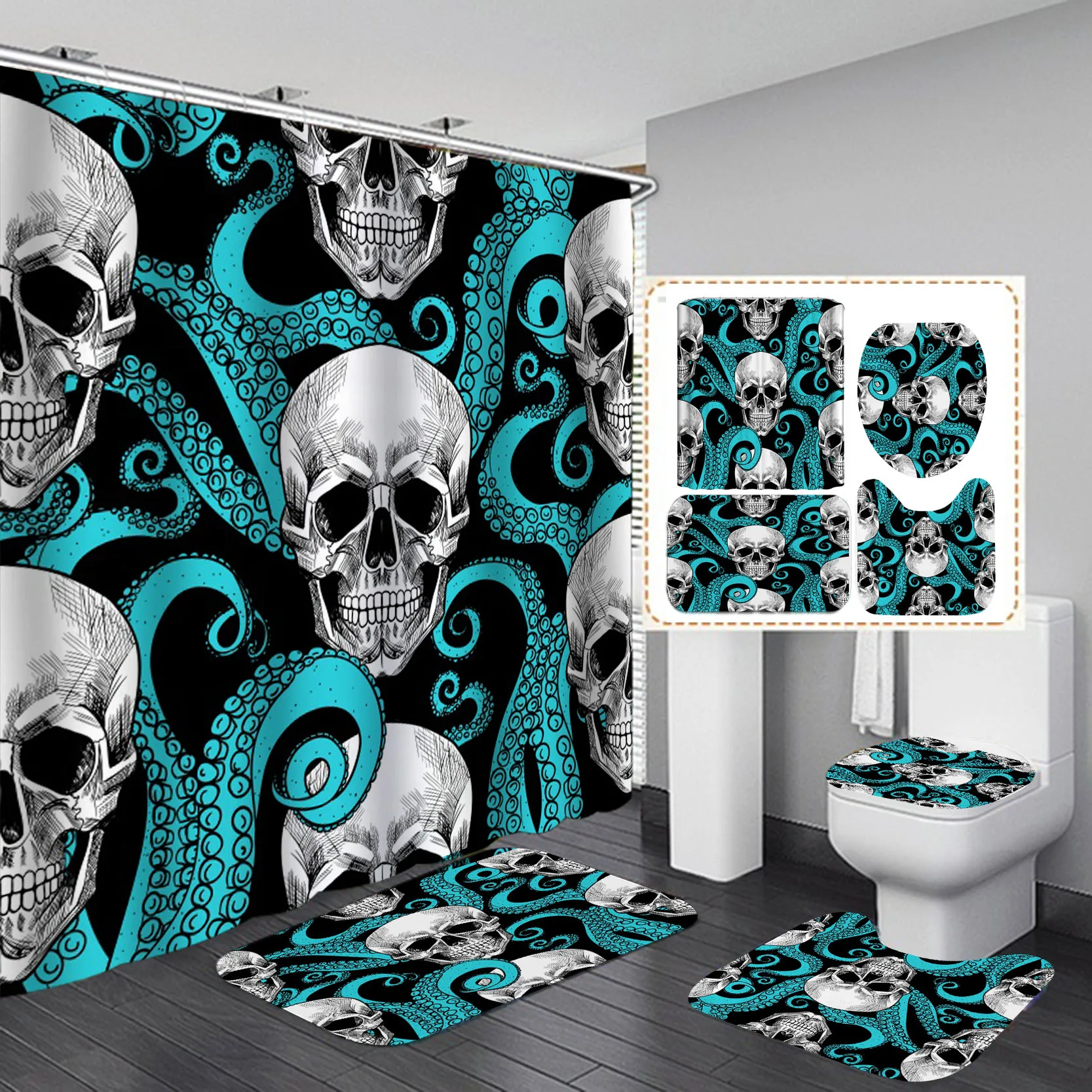 funny skull skeleton print shower curtain set halloween festival home decor bath mat toilet lid cover flannel bathroom carpet free global shipping