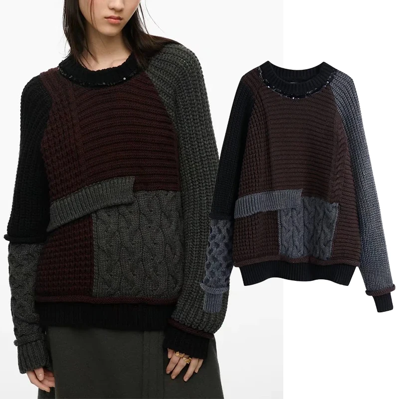 

Za Women Multicolor Patchwork Loose Pullover Sweaters Long Sleeve O Neck Jumper Female Fashion Casual Basic Tops BB4270