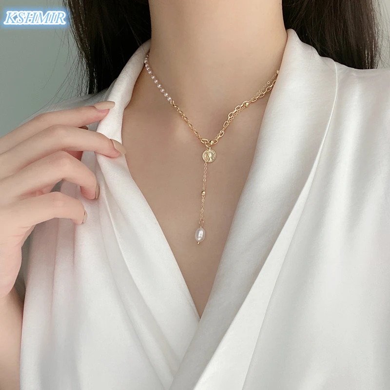 

kshmir Small pearl chain splice portrait pendant natural pearl 2021 new female French web celebrity collarbone chain necklace