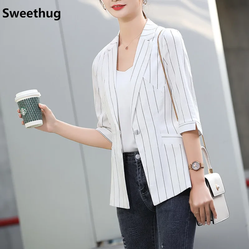 

Lady's suit jacket summer new style fashion white stripe seven-point sleeve office ladies casual suit short paragraph blazer