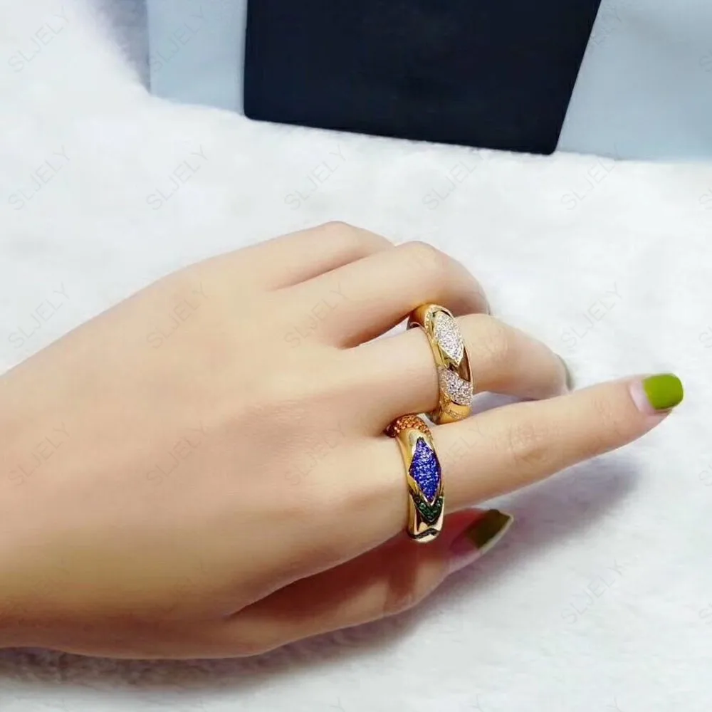 Baoyocn Luxury 925 Sterling Silver Yellow Gold Color Multicolor Large Tribal Finger Ring Paved Geometric Shapes Stones for Women | Украшения