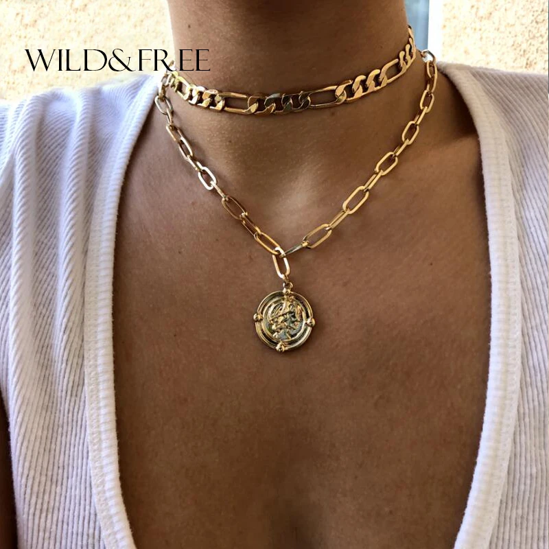 Wild& Free роскошный дизайн панк цепи геометрический кулон ожерелье Круглый колье ожерелье s для женщин модные золотые ювелирные изделия с чеканкой