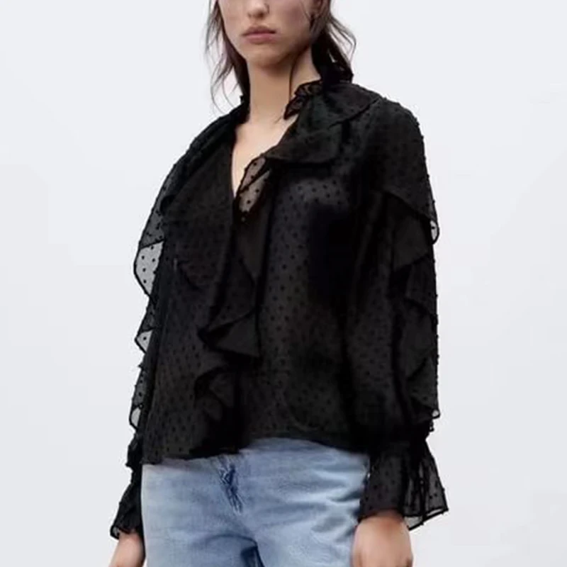

2021 Autumn Women Fashion Black Stacked Ruffled Tulle Shirt Vintage Long Sleeve Single-breasted V Neck Female Shirt DWDD87424