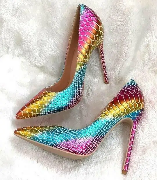 

Sexy Colorful Snake Print Leather Pumps Heels Woman 12CM Pointed Toe Heels Women Formale Shoes Bride Slip-on Wedding Dress Shoes