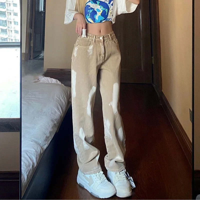 

Женские прямые брюки с высокой талией, повседневные брюки в стиле ретро с эффектом потертости и завышенной талией, уличный дизайн