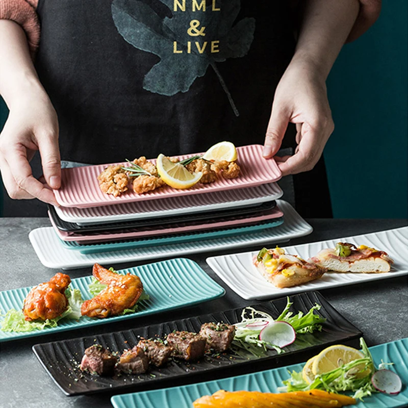 

Ceramic Sushi Long Plate Dessert Cake Snack Storage Tray Nordic Rectangular Western Food Salmon Sashimi Plates Kitchen Tableware