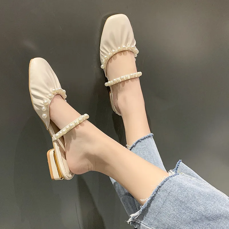 Женские туфли Baotou на толстом каблуке удобные с белым жемчугом со складками