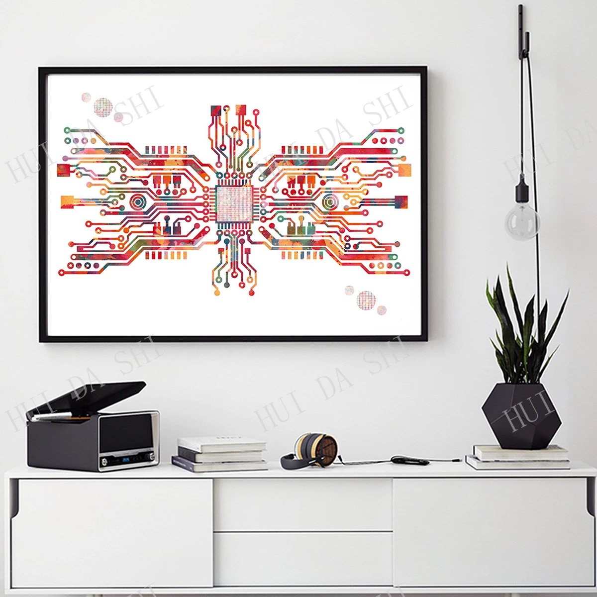 

Computer Watercolor Print Circuit Board Science Art Poster Electronics Art Motherboard With Binary Code Information Print