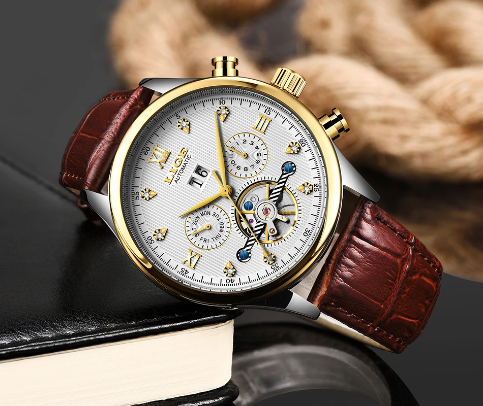 LIGE Брендовые мужские часы автоматические механические часы Tourbillon спортивные часы кожаные повседневные деловые часы в ретро-стиле Relojes Hombre