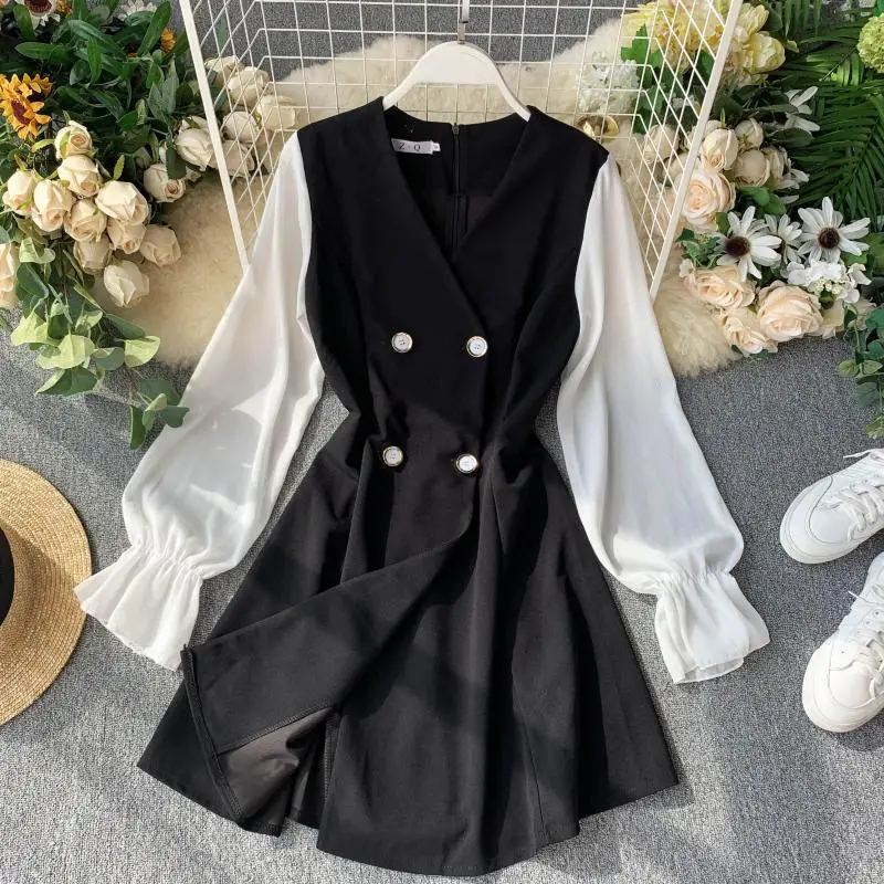 2019 Новое модное женское французское платье Ретро Темперамент двубортный