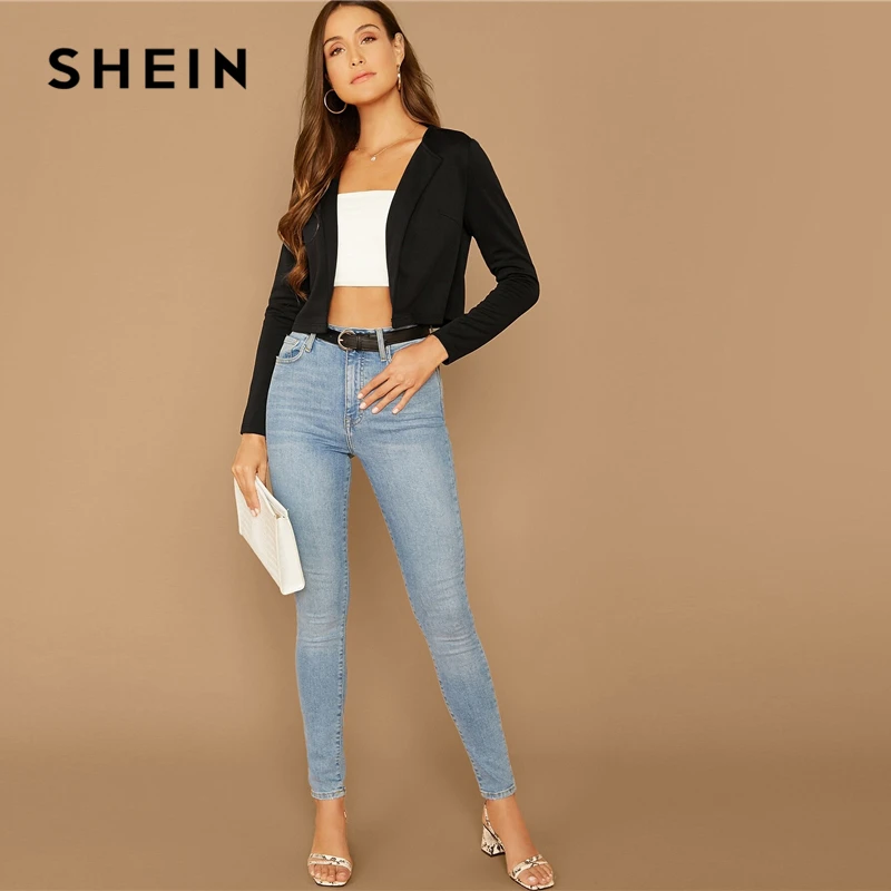 

SHEIN Black Solid Shawl Collar Crop Blazer Women Summer Autumn Long Sleeve Elegant Outwear Coats Workwear Blazers