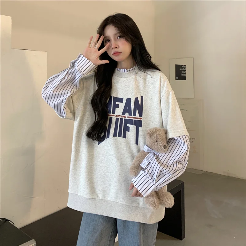 Толстовки большого размера женский топ из двух частей с длинными рукавами и