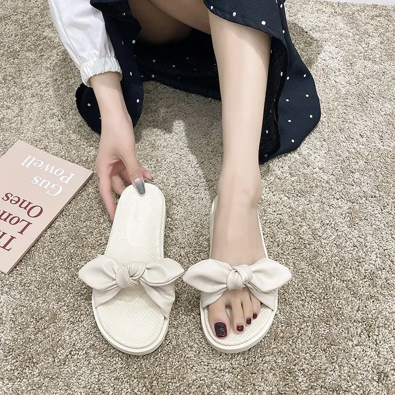 

Shoes Med Butterfly-Knot Slippers Flat Slipers Women Shale Female Beach Slides Fashion 2021 Sabot Luxury Summer PU Slippers Cas