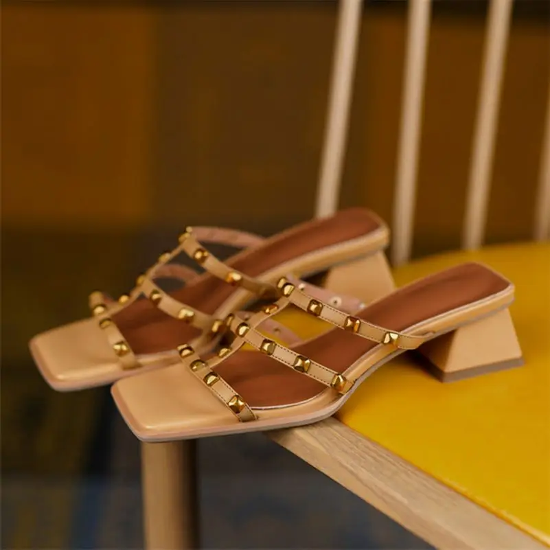 

Meotina Women Slippers Genuine Leather Shoes Thick High Heels Square Toe Slides Causal Crystal Ladies Footwear Summer Apricot 40