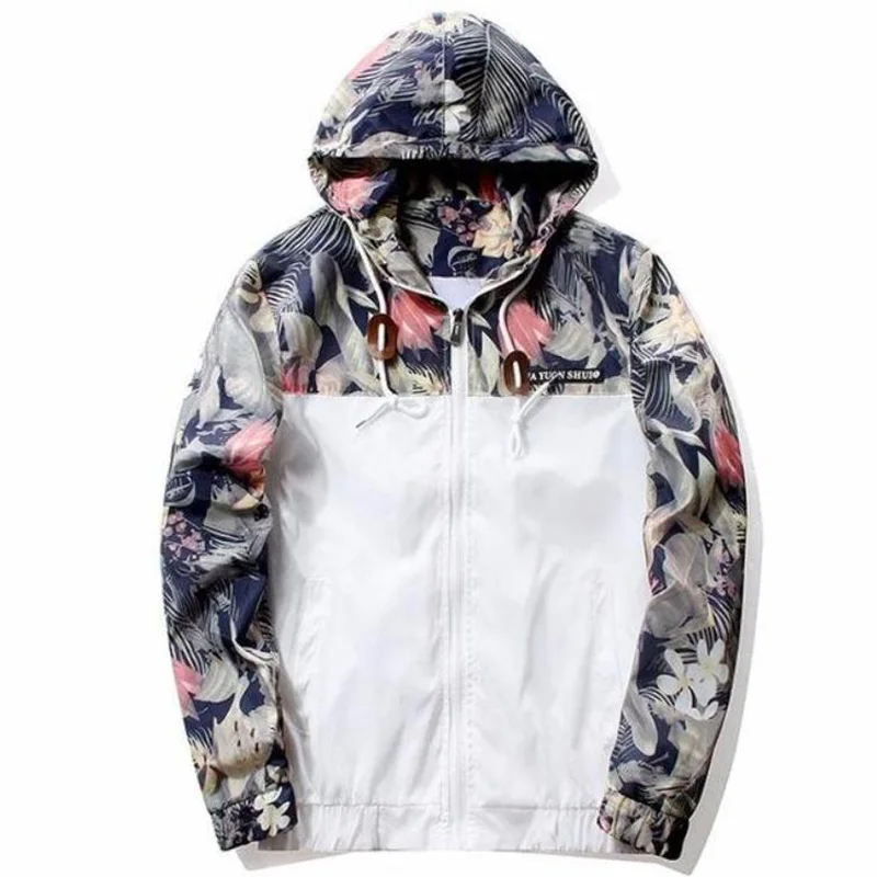 

QSuper Spring Autumn Floral Jacket Men Slim Fit Flowers Pilot Jacket Coat Men's Hooded Jackets US Size Free Shipping