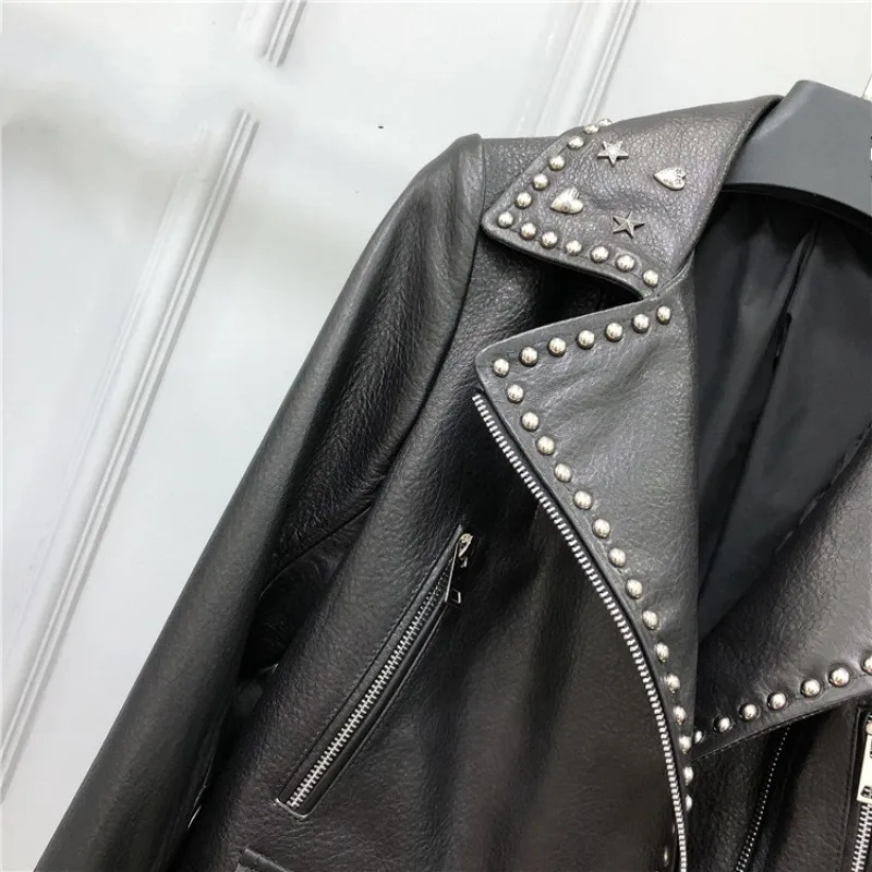

Genuine Leather Motorcycle Autumn Jacket Fashion Women Streetwear Lapel Rivets Zip Sheepskin Short Jackets Loose Punk Tops Coat