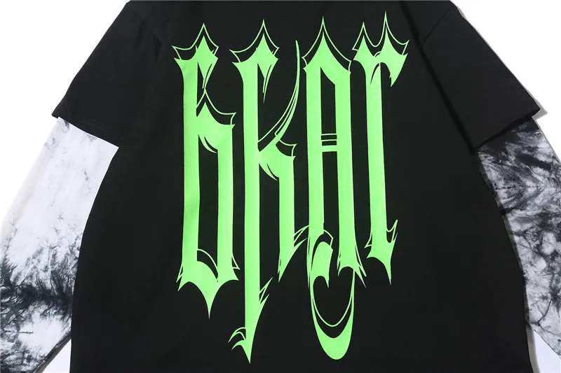 

Mens Hip Hop Letter Printed T Shirt Patchwork Tie-dyed Sleeve O-neck T-Shirt Streetwear Casual Sweatshirt Tops Tees Street Wear