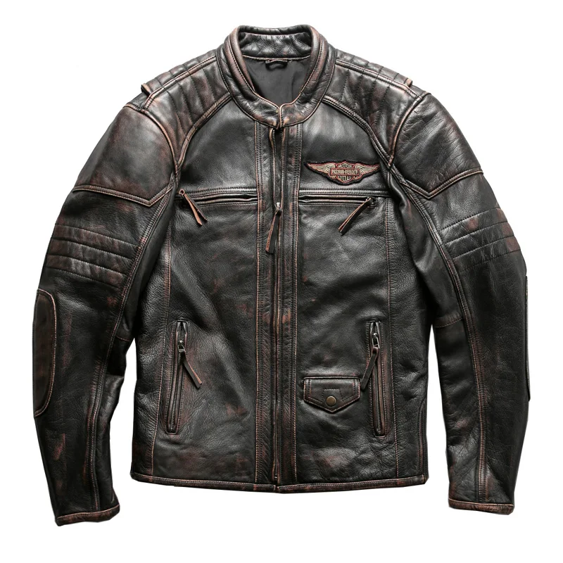 

2021 Men's vintage stylish motorcycle brand cow moto biker jacket men slim fit real leather coat male