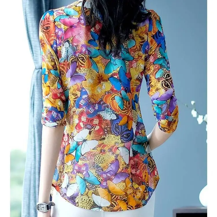 

Short sleeve chiffon shirt women's summer 2021 new Korean style Joker floral clothes sweet five-point sleeve