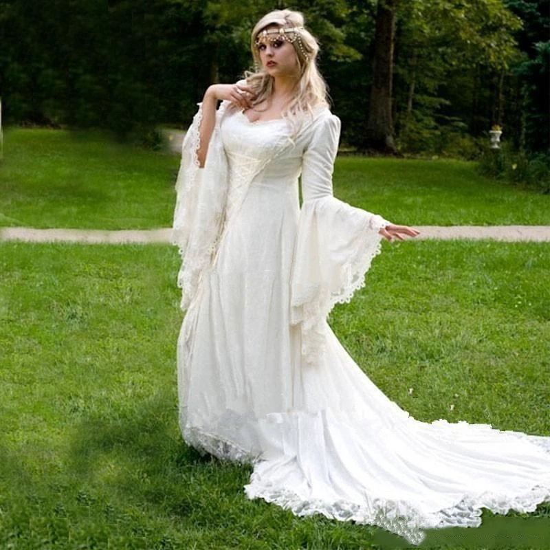 

Gothic Lace Wedding Dress Long Flare Sleeve Vintage Retro Black White Country Bridal Gowns Plus Size Corset Vestidos de novia