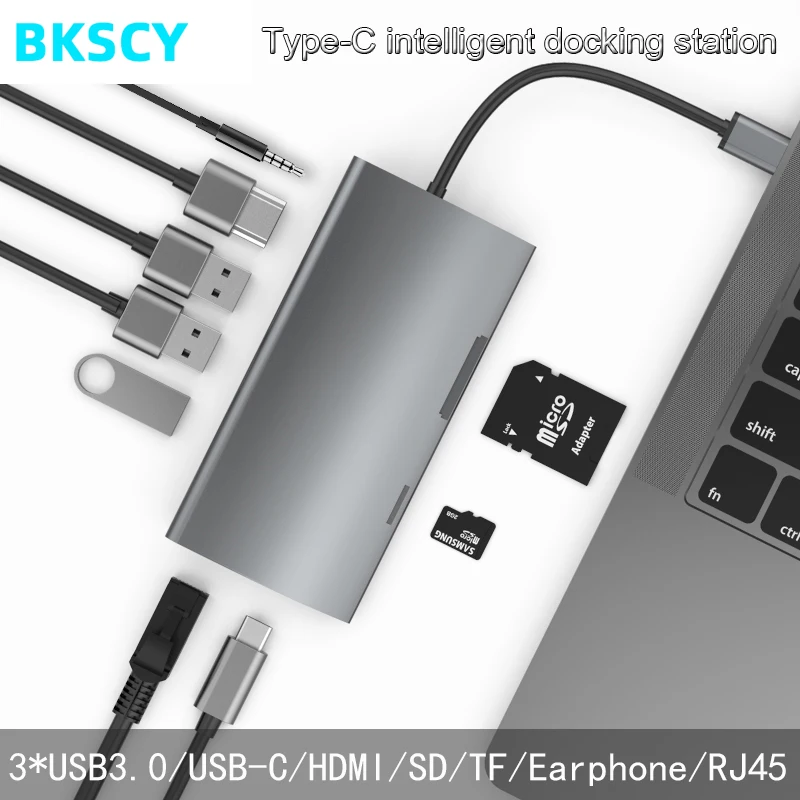 BKSCY USB-C концентратор типа C к USB 3,0 Thunderbolt 3 HDMI 3,5 мм аудио RJ45 адаптер для MacBook Pro samsung Galaxy S9 USB C концентратор