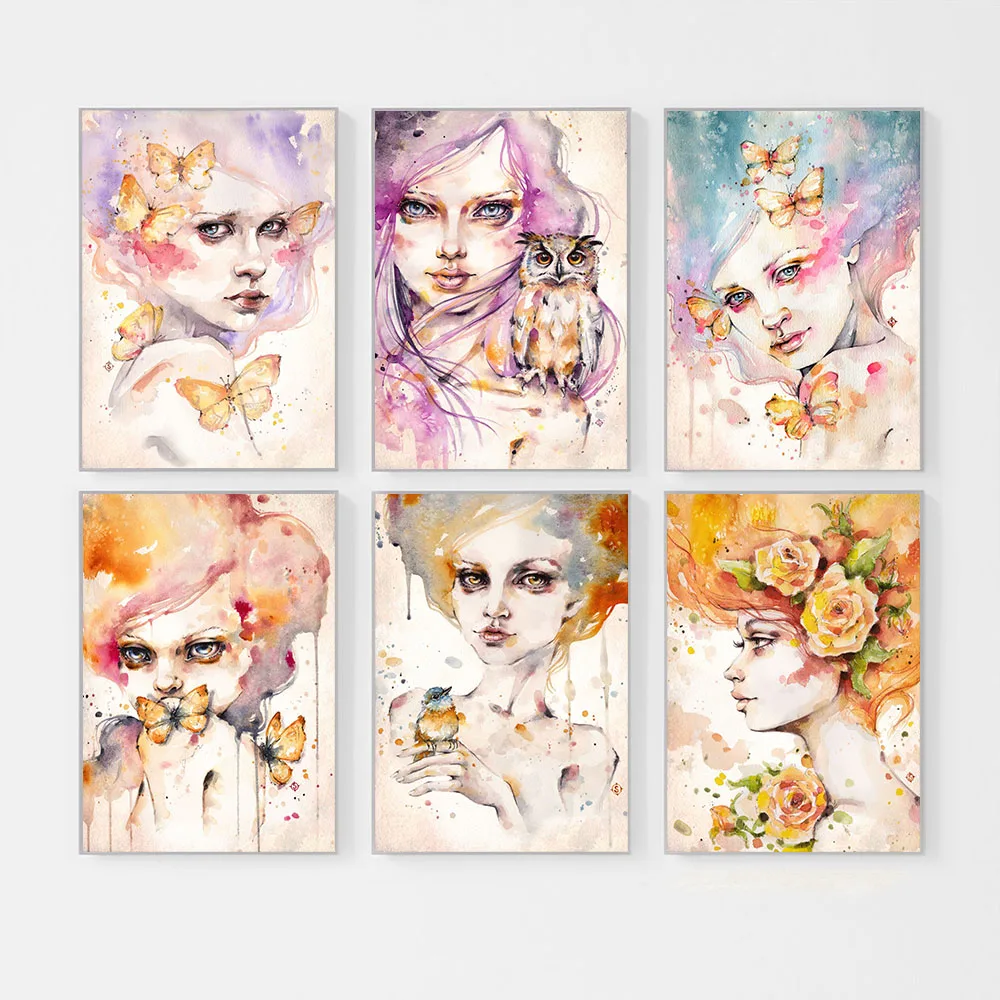 

Nordic Posters Prints Watercolor Floral Woman Butterfly Canvas Painting Modern Pictures For Girl Bedroom Living Room Home Decor