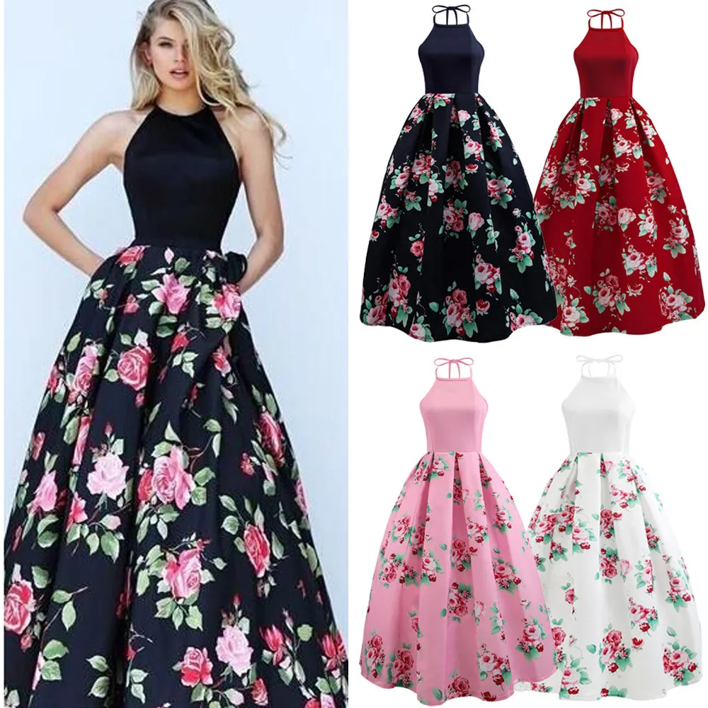 Fashion Women Ball Gown Dress Halter Long Casual Beach Floral Print Sundress Evening Party Vestidos de fiesta | Женская одежда