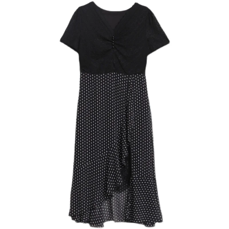 

2021 New Summer Elegant Fashion Chiffon Lace Patchwork Dress For Women Short Sleeves V-Neck Asymmetrical Sexy Dresses