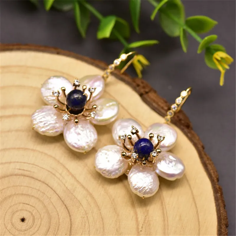 

Natural Freshwater Pearl Flower Pendant Earrings Woman Natural Lapis Lazuli Pendant Wedding Earrings High-end Jewelry Accessory