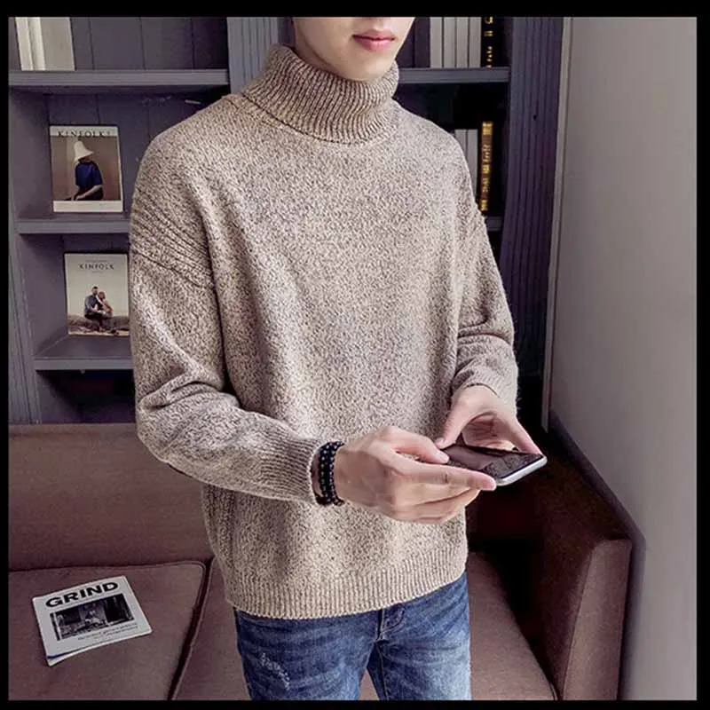 Мужской осенне-зимний свитер с высоким воротником однотонный пуловер вязаный JS26