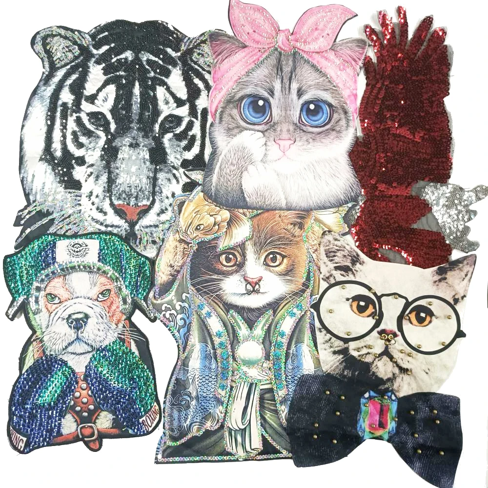 

DIY printing sequin beaded large embroidery big tiger cats eagle dogs horse pig panda animal cartoon patches for clothing QR-2