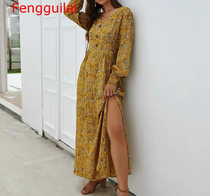 

Vintage Floral Maxi Dress A-Line Split Lantern Long Sleeve Autumn Retro Elegant Long Boho Dress Women Vestidos