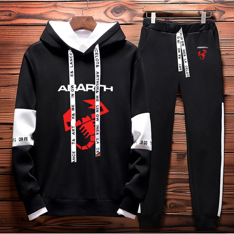 Spring Autumn Men's pullover Abarth Car Logo Casual Colorblock Sweatshirt High Quality CottonMen's Hooded pants 2 piece set