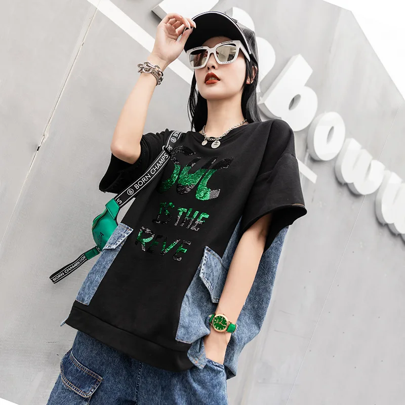 

Denim Splicing Loose Tees Short Sleeve T-shirt 2021 Summer New Streetwear Tops Female Trendy Letter Round Neck Tshirts 5251