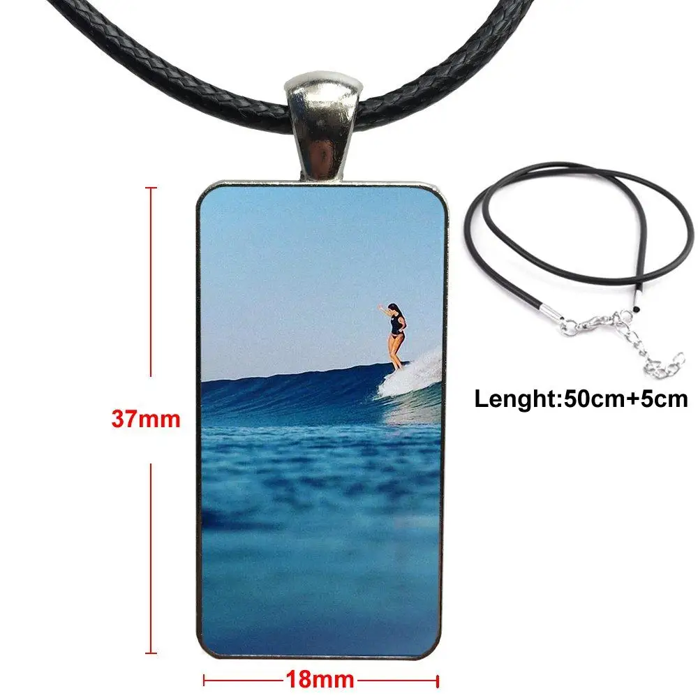 

For Women Girl Gift Glass Cabochon Jewelry Steel Color With Long Pendant Choker Rectangle Necklace Surf Tumblr