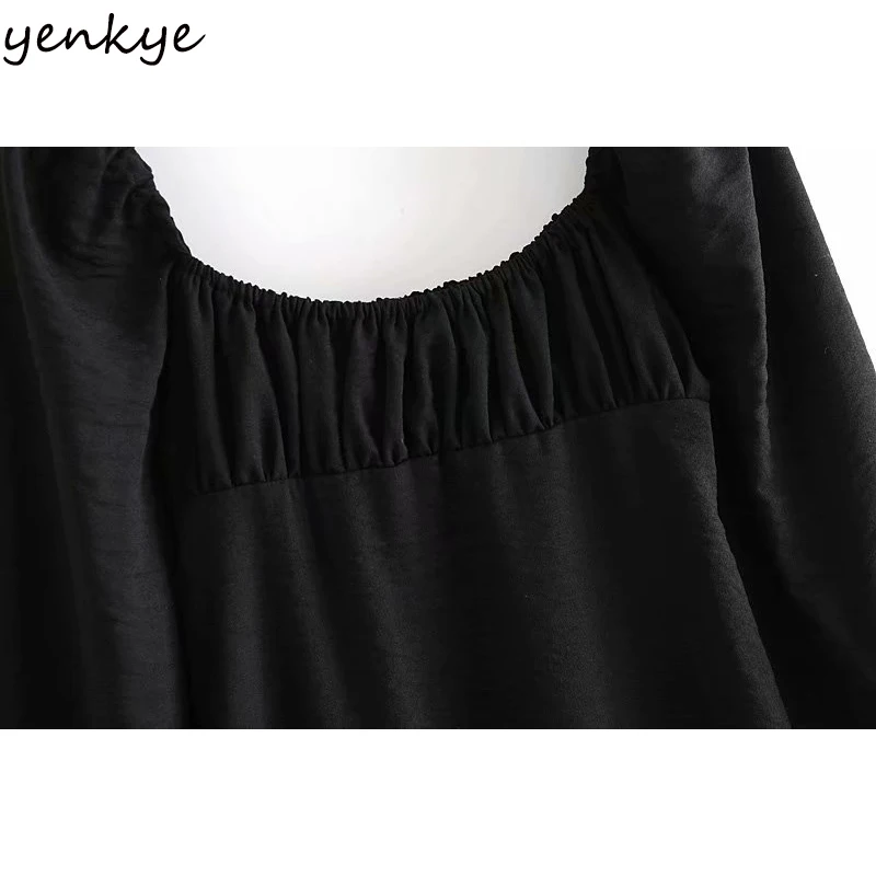 

Vintage Black Dress Women Sexy Square Neck Long Sleeve A-line High Waist Mini Dress Spring Autumn Casual Vestido