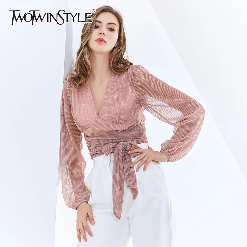 

TWOTWINSTYLE Elegant Slim Shirt For Women V Neck Lantern Sleeve Lace Up Bowknot Short Tops Female Fashion New Clothing Autumn