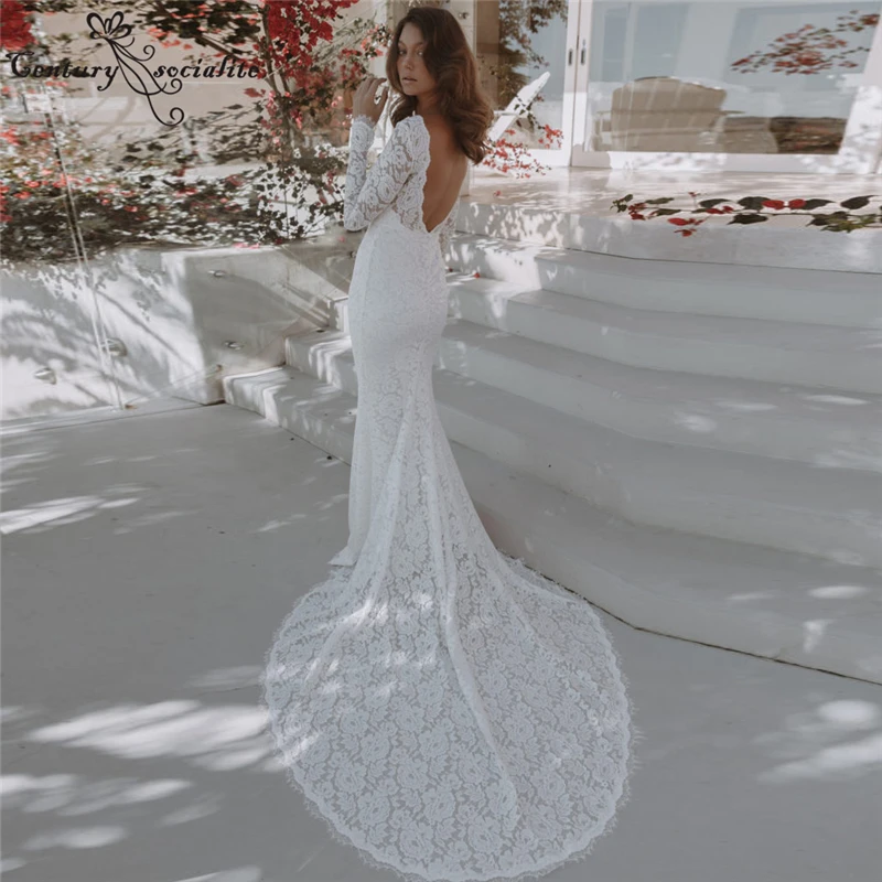 

Long Sleeve Mermaid Wedding Dress Boho Lace Bride Dresses Backless Beach Bridal Gowns Bohemian Vestido De Noiva Plus Size