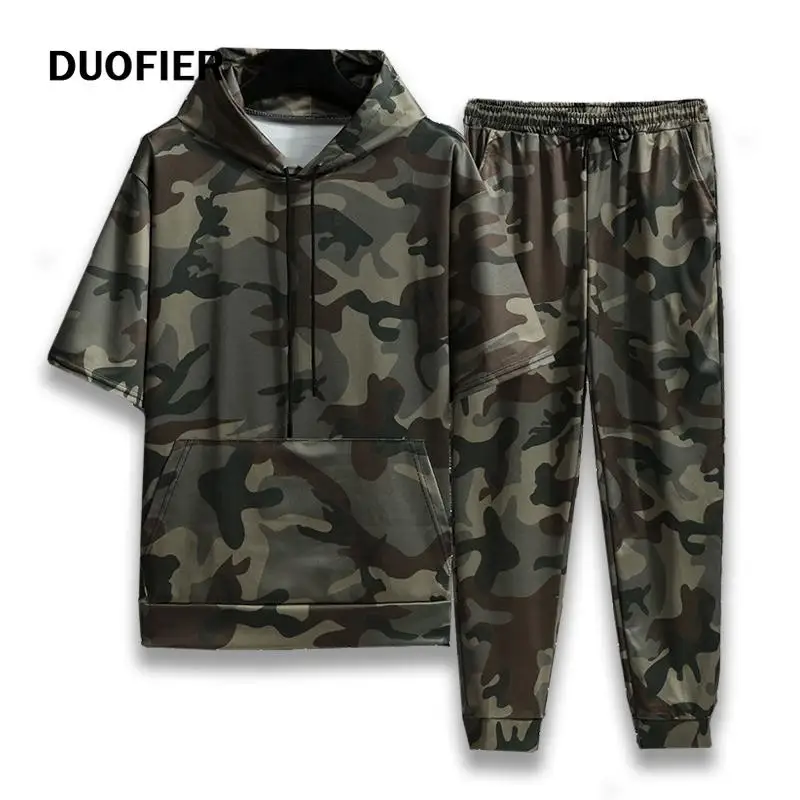 

Spring Summer New Camouflage Men's Suit Sports Fitness Short Sleeve Hoodie+Trousers Men 2 Pieces Casual Outdoor Fashion Shorts