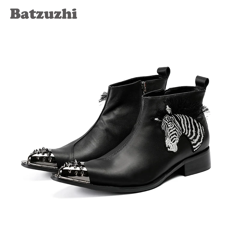 

Batzuzhzi New Handmade Botas Hombre Pointed Iron Toe Safety Boots Men Black Genuine Leather Ankle Boots Appliques Party Boots!