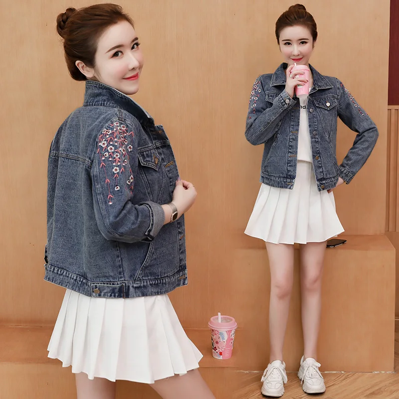 Большие размеры M-4XL модное женское джинсовое пальто весна-осень новая Цветочная